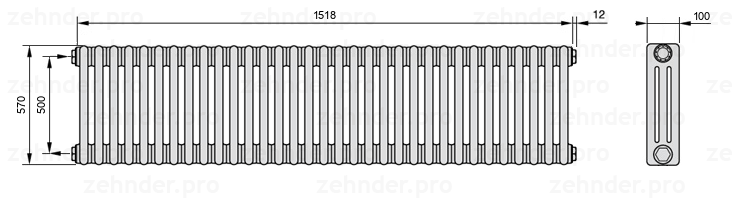 Схема (чертеж) Радиатор Zehnder Charleston 3057/33 №1270 Technoline TL